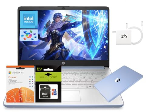 HP 14 Laptop, Quad-Core Processor(Beat i3), 4GB RAM 256GB Storage (128GB UFS+128GB SD Card), 1-Year Office 365 Copilot AI Wi-Fi 6 Win11 Computer for Business Creator Work Student Study W/Accessory