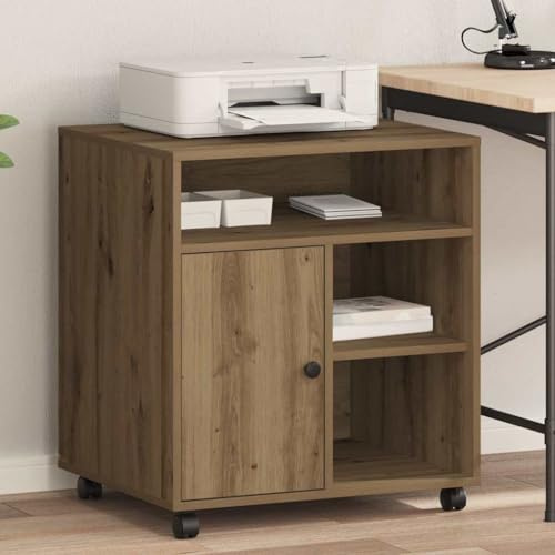 Runheo Druckerständer Artisan-Eiche aus Holzwerkstoff 60 x 50 x 67 cm mit Rollen für Druckertisch, Druckerwagen, Druckerregal und Bürowagen mit Stauraum für Kopierer Scanner Faxgerät