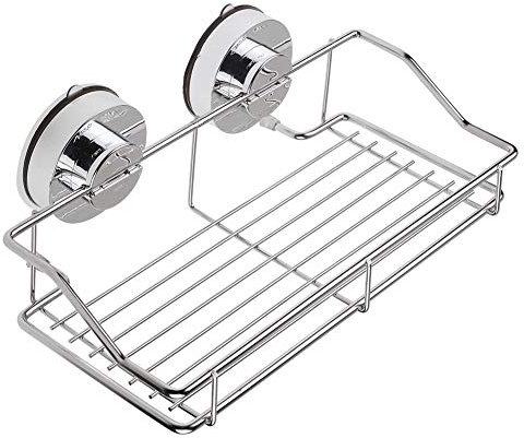 Strong Suction Shower Caddy Organiser Basket Bathroom Shelf Storage Wall Mounted SUS304 Stainless Steel Rectangle Kitchen Rack No Drilling, Sliver 9.8 x 5.3 x 3.3