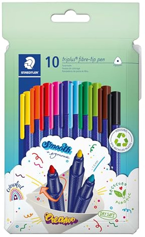 STAEDTLER triplus color Filzstifte 323, dreikant, stabile, eindrucksichere Spitze, ca. 1 mm, aus 97% Rezyklat, Made in Germany, Set mit 10 brillanten Fasermaler im Kartonetui, 323 C10