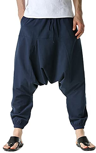 Mens bomull baggy hippie yoga harem byxor strand lösa byxor baggy byxor breda ben byxor casual sweatpants,Navy,XL