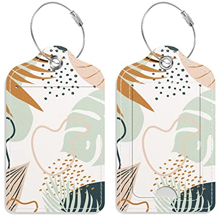 GDJEGE PU Leather Luggage Tags for Suitcase, Travel Cruise 2 Pack with Privacy Flap, Name ID Label and Metal Loop for Women Men Girls Baggage Bag Backpack Instrument, Boho Leaves