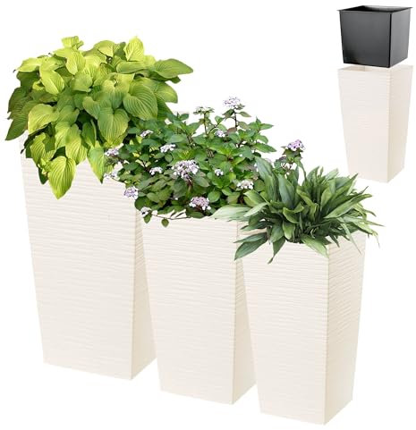 KADAX 3er Set Pflanzkübel mit Innentopf 36/46,5/57,5 cm Höhe, Creme – wetterfeste & robuste Blumenkübel aus Kunststoff, Blumentöpfe für Innen- & Außenbereich