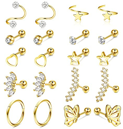 Kakonia 10 Paar Piercing Ohr für Frauen Ohrringe Ohrstecker Gold Helix Piercings Chirurgenstahl Zirkonia 18G 16G Conch Daith Tragus Piercing Set