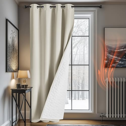 Deconovo Thermovorhang Kälteschutz, Gardinen mit Ösen gegen Kälte, Wärmeisolierend Vorhang Verdunkelung Wohnzimmer, 214x132cm(HöhexBreite), Hellbeige, 1 Stück