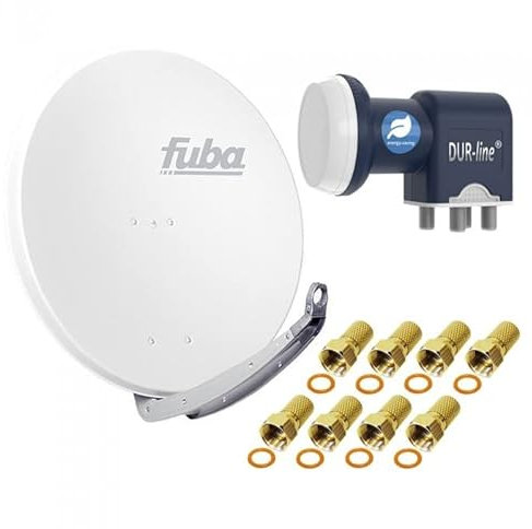 Satellitenschüssel Komplettset 4 Teilnehmer - Stromspar-Set | Fuba DAA 850 W Satellitenschüssel 85cm Alu weiß + DUR-line Blue Eco Quad LNB 4 Teilnehmer (stromsparend, DVB-S2, HDTV, UHD 4K/8K, 3D)