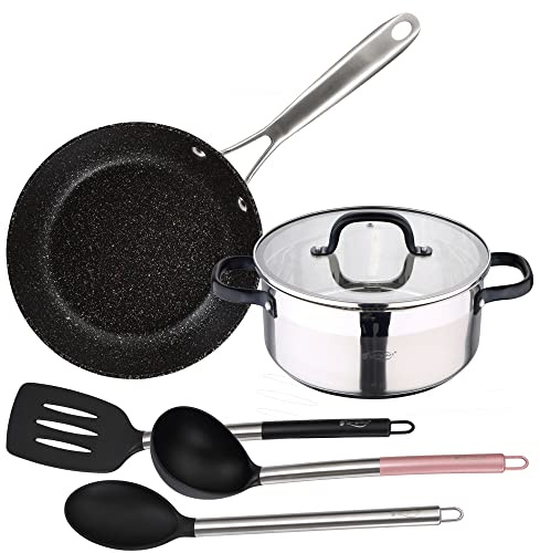 Set Cacerola 24x10.5 cm con tapa, acero inoxidable+Sarten 28x6 aluminio forjado apta para inducción+ 3 utensilios en nylon SAN IGNACIO VITA