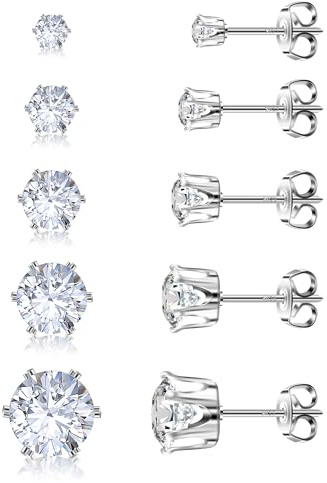 Augell 925 Sterling Silver Stud Earrings Set of 5 Pairs 6 Prong AAAAA Cubic Zirconia Earrings for Women & Men Hypoallergenic 18K Gold Plated Sparkling Jewelry Gift