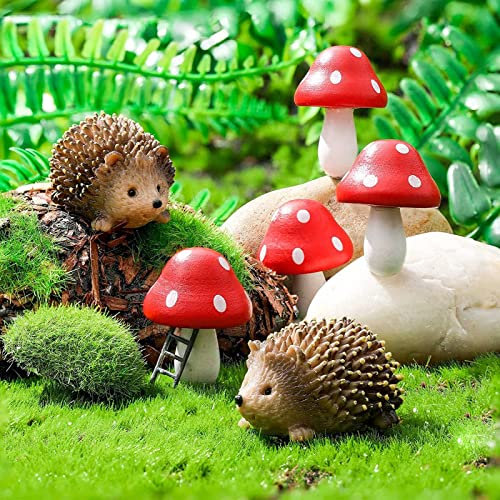 Weihnachtsdeko Igel und Holzpilz, Miniatur-Gartenzubehör, feenhafte Outdoor-Gartentiere, Figuren für Blumentöpfe, Bonsai-Handwerk Herbstdeko Dekoration Deko Wohnzimmer (Red, One Size)