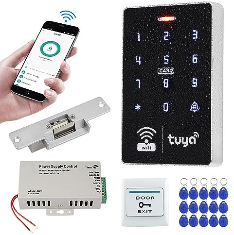 FUSYTULY Wifi Tuya Kit de Système de Contrôle d'accès Intelligent Imperméable à l'eau 125KHz 13.56MHz Clavier RFID + Serrure de Porte électrique + Alimentation DC12V + Porte - clés 15pcs