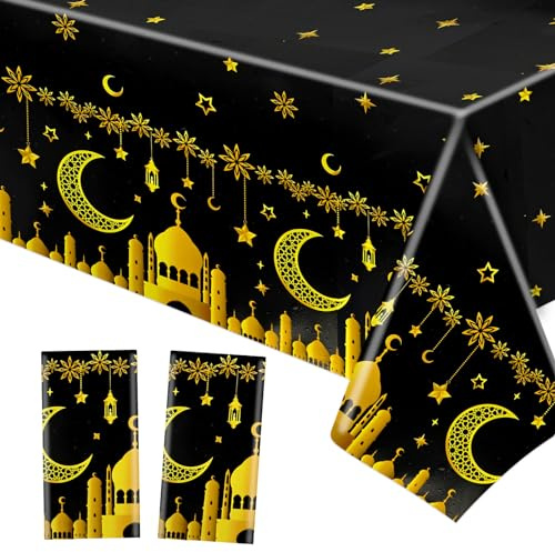 HOWAF 2 Nappe de Eid Mubarak Nappe de Ramadan Jetable, Nappe Rectangulaire en Plastique Nappe Table Eid Mubarak Nappe Table Ramadan Mubarak Nappe Imperméable Ramadan Eid Mubarak Decoration, Noir