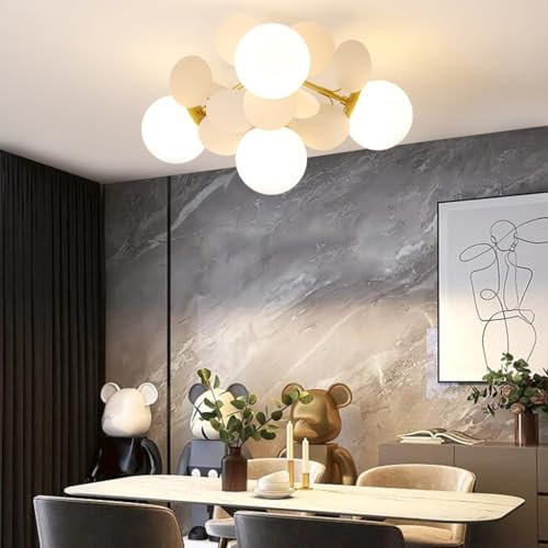 RuiRfh Kronleuchter Wohnzimmerlampe Moderne Halbeinbau Pendelleuchte opaleszierende Glaskugel Bronzeschirmlampe Sputnik Beleuchtung für Flur Schlafzimmer Küche Bauernhaus Eingang Foyer Deckenlampe (C