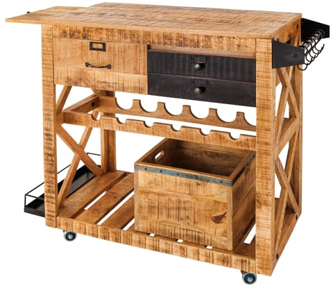 Riess Ambiente Barschrank Bodega - 86cm - Natur - Mangoholz Servierwagen | Stauraummöbel, Schubladen, Weinregal, Glasaufbewahrung, hochwertige Metalloptik, Massivholz/Naturmaterial