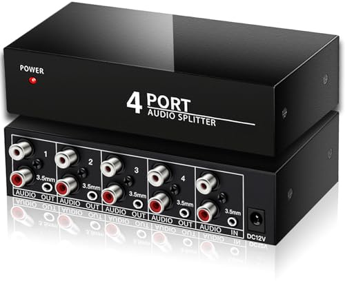 FlyroadUp 3.5mm Aux RCA L/R Audio Splitter 1 in 4 Out Audio Distributor Box | Share One 3.5mm or RCA Stereo Analog Audio Source with up to Four Powered Speakers, Subwoofers, Amplifiers, Receivers