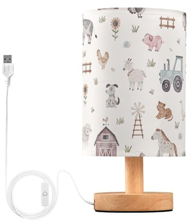 YYZZH Farm Animal House Car Windmill Cow Sheep Pig Horse Dog Cat Goose Hen Table Lamp with Wood Base Fabric Lamp Shade Bedside Nightstand Desk Lamp for Living Room Bedroom Kids Room Office