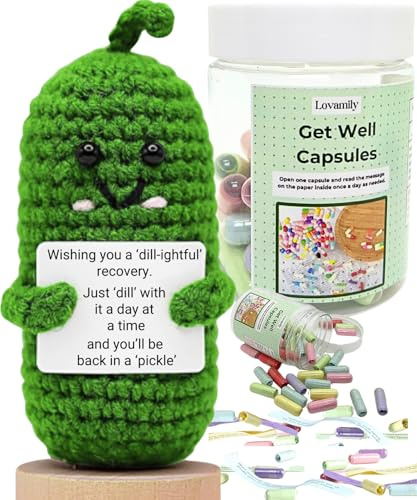 LOVAMILY Get Well Gifts Bouteille capsule et cornichon au crochet avec carte cadeaux pour femmes, hommes, patients après une chirurgie, un cancer, une chimiothérapie (cornichon au crochet)