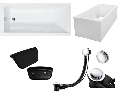 BADLAND Premium Set 5in1 Badewanne Rechteck Acryl Weiß Wanne MODERN 180x80 cm, Made in EU + Wannenträger + Nackenkissen KODI, Moderne Design, mit Ablaufgarnitur und Füßen
