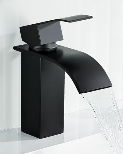 ANYCEE Wasserfall Wasserhahn Bad Schwarz Mit Einhebel, Waschtischarmatur Mit Auslauf Höhe 8,5cm, Badezimmer Mischbatterie Waschbecken, Armatur Mit Warm und Kalt Wasser