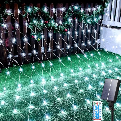 Aofonchy Red Solar 1.5x1.5M 96LED, Impermeable Luz de Hadas de Malla Con 8 Modos, Control Remoto, Regulables Guirnaldas Exterior Para Navidad, Jardín, Arbusto, Césped