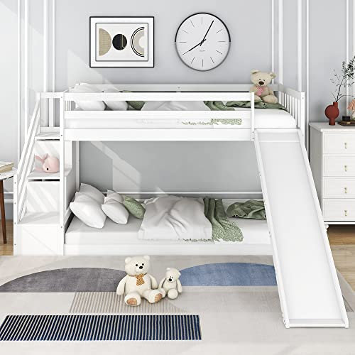 Huayz Bunk Bed with Stairs and Slide, Solid Pine Wood Frame, Bed with 2 Drawers in the Steps, Ideal for Any Room, 90x190cm, White (Bunk Bed With Stairs and Slide)