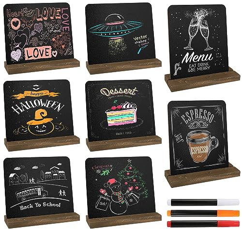 8 Stück Schiefertafel Zum Beschriften Kreidetafel Klein Mit Rustikalen Holzständern Buffet Schilder Preisschilder Aufsteller Getränkekarte für Bar Café Geburtstag Hochzeit,Enthält 3 Stifte (Stil 2)