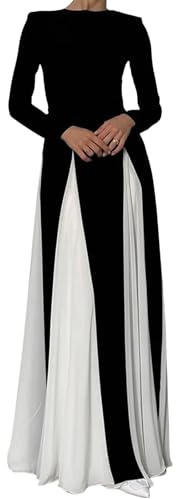 Women Elegant Pleated Maxi Dress Gown Long Sleeve Contrast Patchwork Long Dress Flowy Swing A Line Party Dress (Black, L)