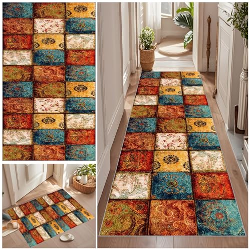 Teppich Läufer 80 x 200 cm Rutschfest Küchenteppich Teppichläufer Flur Vintage Küchenteppich Waschbar Rutschfest Fußmatte Lang Flur Teppich Meterware für Garten Küche Patio Flur Porch auf Maß