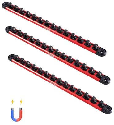 VEVOR Socket Organizer Rail Set, 3PCS Metric & SAE Aluminum Socket Organizers, 1/4'', 3/8'' & 1/2'' Heavy-Duty Socket Holder with 360° Rotating Clips for Tool Box, Hold up to 40 Sockets, Red & Black