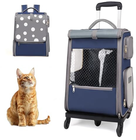 RUYICZB Haustier-Rucksack mit Rädern für Katzen, Abnehmbarer Katzen-/Hunderucksack für unterwegs, Katzentrage mit Universalrädern für Katzen und kleine Hunde,Dark Blue