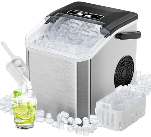 Maquina de Hielo 15kg/24h,130W Maquina de Hielo para Casa 8 Cubitos en 6 Minutos,Ice Maker con Función de Autolimpieza,Con Pala y Cesta de Hielo,2 Tamaños de Cubitos Para La Cocina, Maquina Hielo