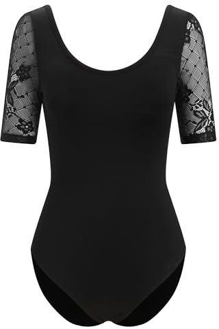 IWEMEK Ballett Tanztrikot Damen Spitze Kurzarm Ballettanzug Gymnastik Ballettbody Bodysuit Body Sport Gymnastik Turnanzug Top Kostüm Schwarz S