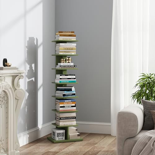 TUTOTAK Bookshelf, 8-Tier Bookcase, Narrow Spine Book Shelf for Small Space, Corner Standing Shelf for Living Room, Office, Study, Entryway, Olive Green BS06BOG008
