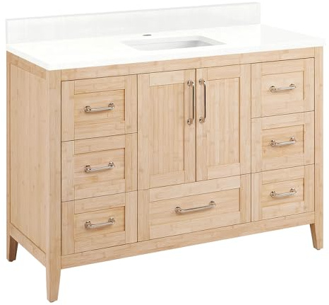 Signature Hardware 955154-48-RUMB-1 Arrietty 48 Freestanding Bamboo Single Basin Vanity Set with Cabinet, Vanity Top, and Rectangular Undermount Sink - Single Faucet Hole - Natural Bamboo /