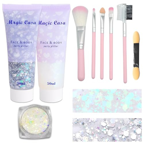 Body Glitter Gel 3 X 50ml Set mit 5 X Pinsel 1 X Augenschatten Bürste, Festival Glitzer Gesicht, Glitzer Festival Gesicht, Für Gesicht Haare Lippen Nägel Make Up Kosmetik Festival Party