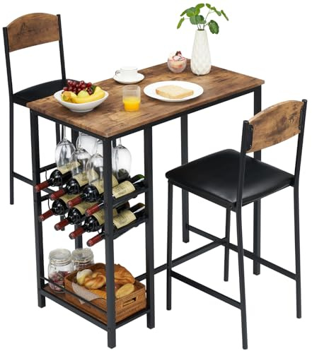 Garvee Bartisch Set 3-Teilig, Tresentisch Mit 2 Barhocker, Esstisch Mit 1 Ablagen & 2-Stufigem Weinregal & Glashalter, Essgruppe 2 Personen Industriedesign, Vintagebraun
