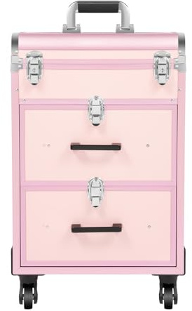 OUKANING Trolley, 40 fack + 2 lådor, 50 kg lastkapacitet, 4 universella hjul och lås, för smink, frisörtillbehör, lågt ljud, ROSA, 57*36*23cm, modern