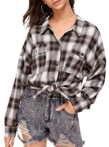 xuergu Chemise surdimensionnée en flanelle à carreaux pour femme – Col à revers boutonné, haut à manches longues, marron, XS