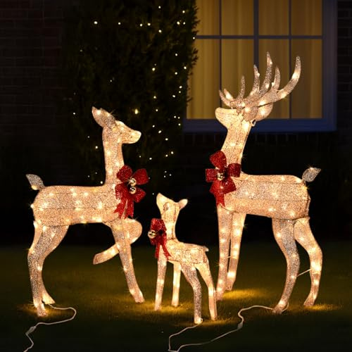 Outopee Lighted Christmas Deer Decoration 3 Piece, Light up Christmas Decor Reindeer Family Set with 210LED Lights, Ground Stakes for Indoor Outdoor Yard Porch Garden Holiday Displays, Champagne Gold
