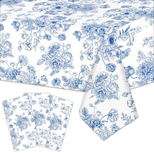 3 Pieces 54x108 Inch Blue White Floral Rectangle Plastic Tablecloth, Disposable Elegant Flower Design Table Cover for Wedding, Bridal Shower, Baby Shower, Birthday, and Garden Tea Party Decorations