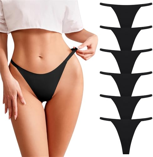 Risipu 6 Pack Seamless G-String Thongs for Women Breathable Underwear Low Rise T-back Panties Comfortable Stretch Sexy (UK, Alpha, XS, Regular, Regular, Black)