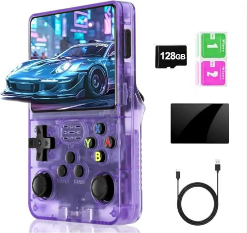 Console di Giochi Retrò R36S, Schermo IPS da 3,5, 128 GB, Oltre 20000 Giochi Preinstallati, Sistema Open Source, Doppio Joystick, Batteria 3500mAh, Portatile per Adulti e Bambini (Trasparente)