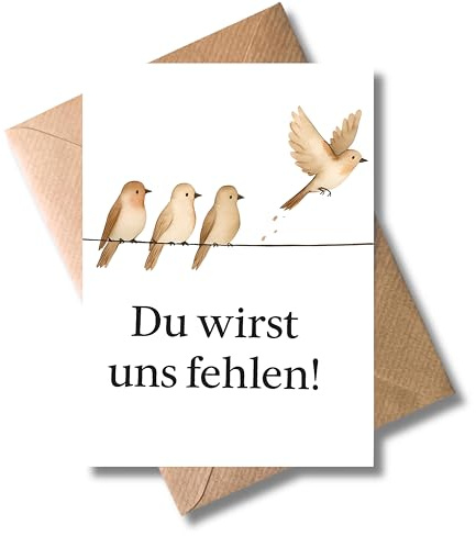 WBdesignz Abschiedskarte „Du wirst uns fehlen!“ mit Umschlag - Süße Karte mit Vogelmotiv für Kolleginnen & Freunde - zum Abschied, Jobwechsel, Umzug oder Teamwechsel (DIN A6)