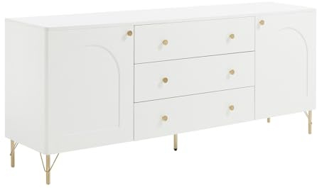 Vente-unique - Buffet avec 2 Portes et 3 tiroirs - Blanc et doré - ALOBARA