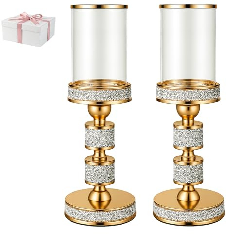 34.5 cm Tall Pillar Candle Holder with Glass Wind Proof, Hurricane Holders | Gold Crystal Candle Stand for Table Centerpieces, Home Decor, Wedding, Dining Table