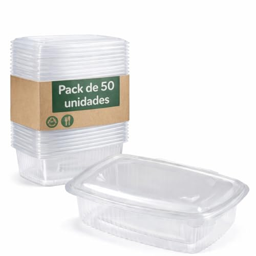Envases comida para llevar 250ml, pack de 50 unidades, tapa transparente, recipientes plástico PP desechables para hostelería, restauración y delivery, comida caliente y fría, apto para microondas