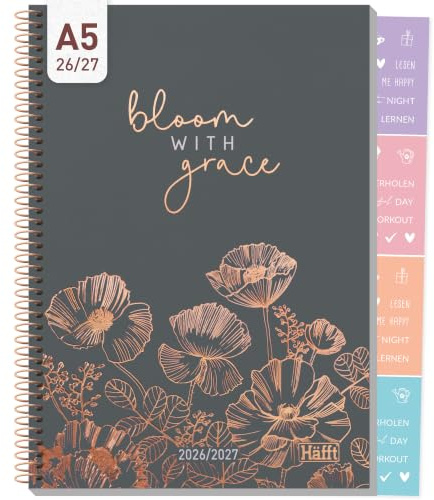 Häfft® College-Timer Schülerkalender 2026 2027 A5 Poppy | Mit Roségoldprägung & Stickern - Schulplaner 26/27 im Pastell-Look für Schule & Uni, Hausaufgabenheft mit Spiralbindung