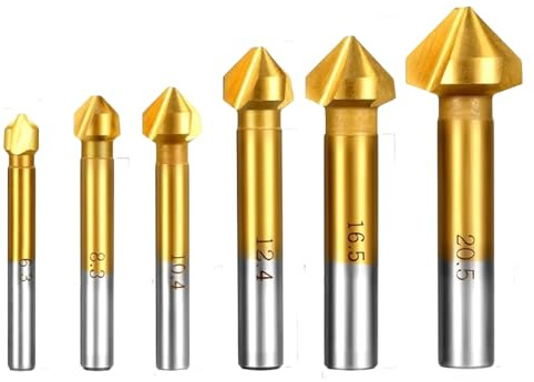 6 teiliges Kegelsenker Set, Senker Set mit Titanbeschichtung, HSS Kegelsenker Metall Ø 6,3-20,5 mm für Metall- und Nichtmetallbearbeitung, geeignet für Bohrmaschinen und Akkuschrauber