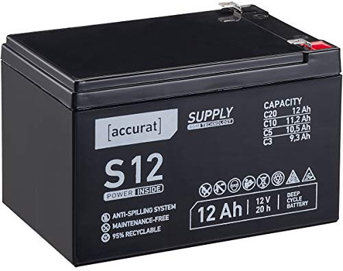 Accurat Supply AGM Solarbatterie S12-12V, 12Ah, 30% mehr Kapazität, zyklenfest- VRLA Versorgungsbatterie, Aufbaubatterie Wohnmobil, Wohnwagen Batterie, Bootsbatterie, Bleiakku für Camping