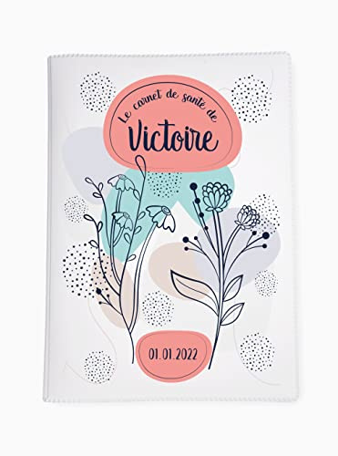 Protège carnet de santé personnalisé, idée cadeau personnalisable bébé, cadeau naissance original, Housse carnet de santé Fleurs - CL0056a (Blanc)