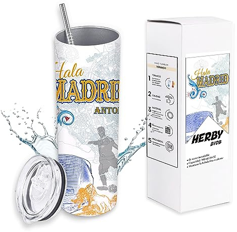 Botella térmica del Madrid para llevar bebida fría o caliente, vaso largo tumbler de acero inoxidable doble pared al vacío mantiene el agua fría, café caliente, elegante vaso 600 ml/20 oz